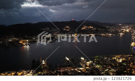 【空から見る長崎・夜景】 三菱長崎造船所と稲佐山 Nagasaki Port 【空から見る長崎・夜景】 三菱長崎造船所と稲佐山 Nagasaki Port 123821726