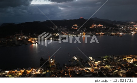 【空から見る長崎・夜景】 稲佐山と三菱長崎造船所 Nagasaki Port 【空から見る長崎・夜景】 稲佐山と三菱長崎造船所 Nagasaki Port 123821733
