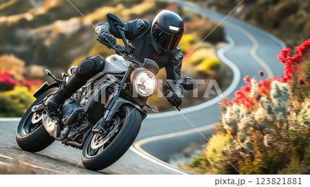 A motorcyclist in full gear leans into a sharp turn on a scenic winding road, enjoying the thrill of the ride. 123821881