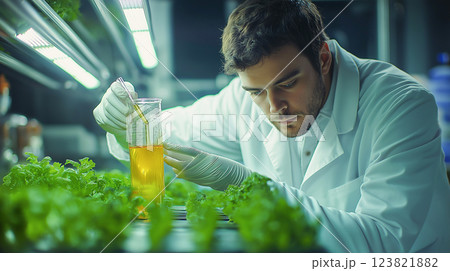 A scientist in a lab coat examines a liquid sample in a beaker while conducting research in a high-tech agricultural lab. 123821882