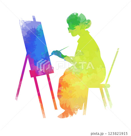 Vector rainbow watercolor silhouette of woman painting on easel. Granny hobby artist. Creativity and inspiration. Vector rainbow watercolor silhouette of woman painting on easel. Granny hobby artist. Creativity and inspiration. 123821915