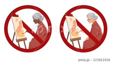 Vector forbidden clip arts set of old woman painting on easel. Grandmother artist is prohibited. Drawing is forbidden. 123821916