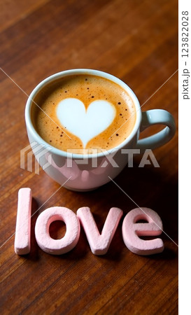Word Love made of pink marshmallows and cup of coffee with foam in shape of heart. Caffeemania. Pastry shops, coffee shops, restaurants. coffee day Word Love made of pink marshmallows and cup of coffee with foam in shape of heart. Caffeemania. Pastry shops, coffee shops, restaurants. coffee day 123822028