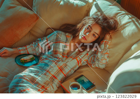 Young relaxed woman with disheveled hair in pajamas relaxing on bed with phone and coffee. Comfortable girl 123822029