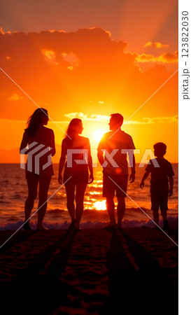 Silhouettes of people by sea against background of sunset. Friendly company, family ties 123822030