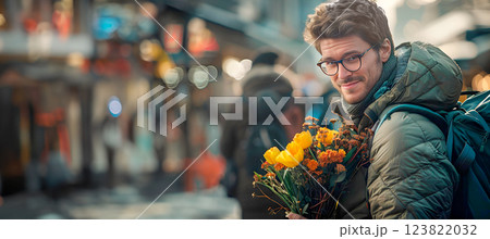Young man in glasses with unusual bouquet on city street. Banner with copy space Young man in glasses with unusual bouquet on city street. Banner with copy space 123822032
