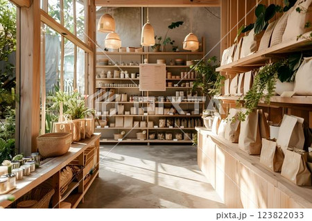 Interior of the shop of eco goods in recyclable and reusable packaging in beige colors Interior of the shop of eco goods in recyclable and reusable packaging in beige colors 123822033