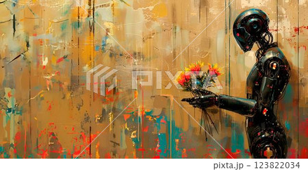 Robot with red flowers in his hands against grunge style wall 123822034