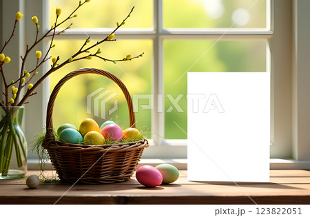 Easter composition with blank sheet of paper, dyed eggs and blossoming branch at the window with spring greenery behind it. Layout, mockup. Rustic style 123822051
