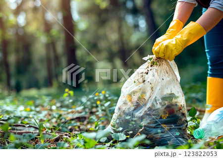 Ecology advocates collect garbage in spring forest in large bag. Care for environment, for planet. Close-up 123822053