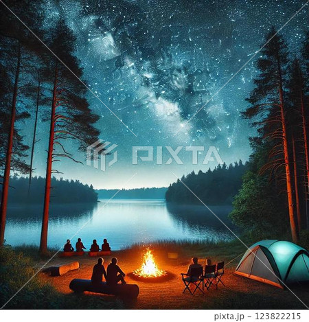 野営キャンプをする人々 123822215