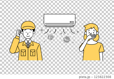 簡單的向量插圖:一位女顧客和一位清潔工人因空調髒而煩惱 簡單的向量插圖:一位女顧客和一位清潔工人因空調髒而煩惱 123822308