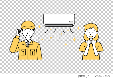 一位女顧客和一位男工作人員對清洗後的空調很滿意。 123822309