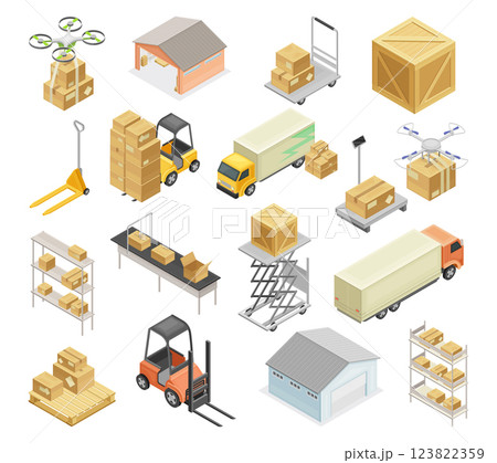 Warehouse Transport and Infrastructure Object Isometric Vector Set Warehouse Transport and Infrastructure Object Isometric Vector Set 123822359