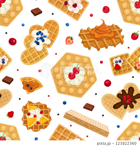 Waffles Food as Pastry Dessert Seamless Pattern Design Vector Template 123822360