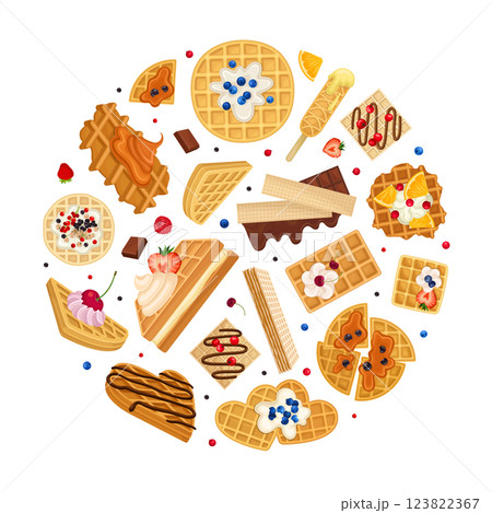 Waffles Food as Pastry Dessert Round Composition Design Vector Template Waffles Food as Pastry Dessert Round Composition Design Vector Template 123822367