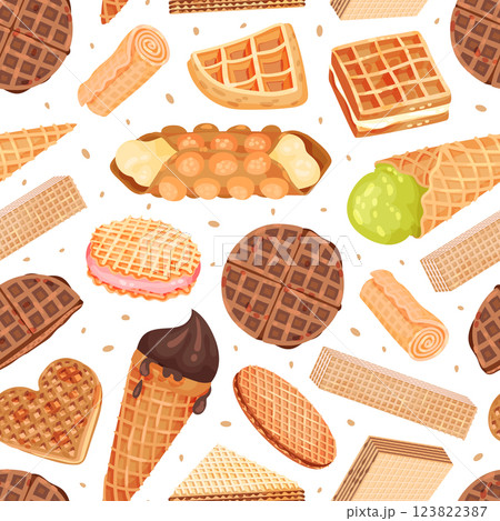 Waffles Food as Pastry Dessert Seamless Pattern Design Vector Template 123822387