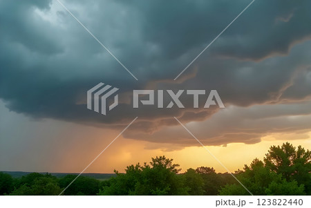 beautiful sunset with clouds over meadow 123822440