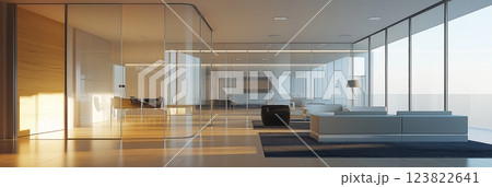Modern interior with glass walls and windows 123822641