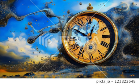 Surreal display of a melting clock in desolate landscape with twisted elements Surreal display of a melting clock in desolate landscape with twisted elements 123822649