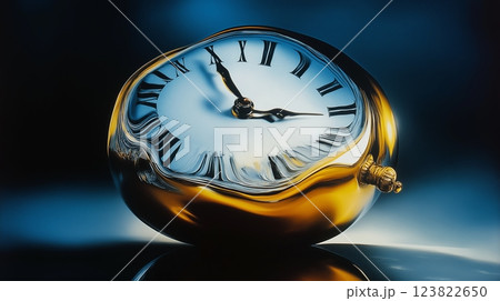 Surreal display of a melting clock in desolate landscape with twisted elements 123822650