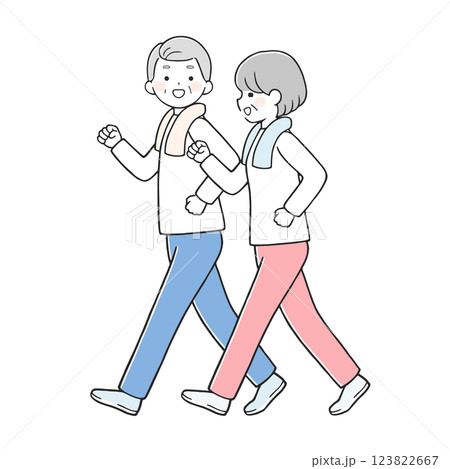 楽しくウォーキングするシニア夫婦 123822667