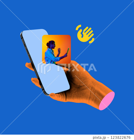 Contemporary art collage. Hand holding smartphone with person in video call, dynamic elements floating, representing virtual communication Contemporary art collage. Hand holding smartphone with person in video call, dynamic elements floating, representing virtual communication 123822676