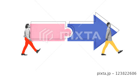 Contemporary art collage. Professionals assembling puzzle and arrow, symbolizing structured decision-making, goal-setting, strategic alignment. 123822686