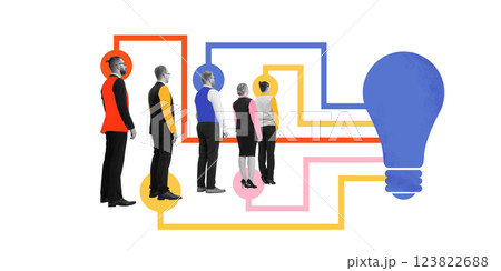 Contemporary art collage. Business professionals following connected pathways leading to light bulb, symbolizing creative thinking, innovation, problem-solving. 123822688