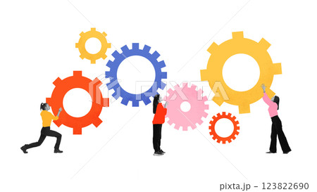 Contemporary art collage. Team adjusting interconnected gears, representing coordination, structured workflow, problem-solving. 123822690