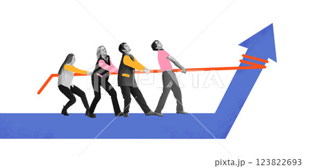 Contemporary art collage. Team pulling arrow upward, representing collective effort, goal achievement, overcoming challenges. Contemporary art collage. Team pulling arrow upward, representing collective effort, goal achievement, overcoming challenges. 123822693