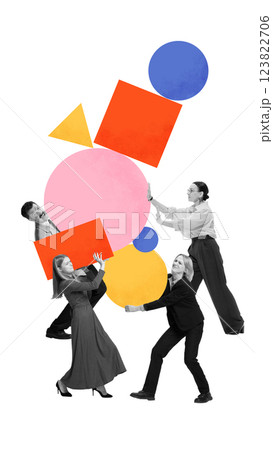 Contemporary art collage. Group of professionals balancing geometric shapes, symbolizing problem-solving, cooperation, creative thinking. Contemporary art collage. Group of professionals balancing geometric shapes, symbolizing problem-solving, cooperation, creative thinking. 123822706