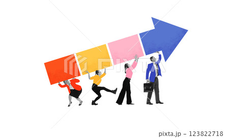 Contemporary art collage. Team of professionals lifting growing arrow symbolizing progress, innovation, collaboration, leadership. Contemporary art collage. Team of professionals lifting growing arrow symbolizing progress, innovation, collaboration, leadership. 123822718