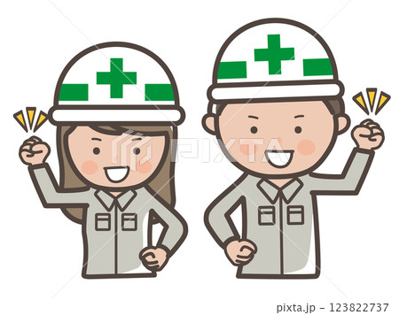 ガッツポーズをして気合いを入れる男女工事作業員の上半身イラスト ガッツポーズをして気合いを入れる男女工事作業員の上半身イラスト 123822737