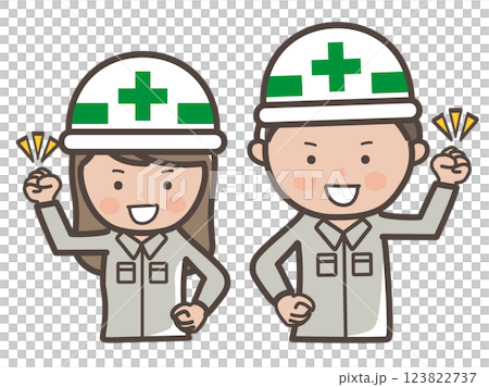 ガッツポーズをして気合いを入れる男女工事作業員の上半身イラスト ガッツポーズをして気合いを入れる男女工事作業員の上半身イラスト 123822737