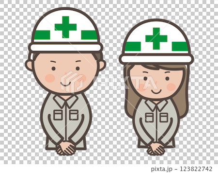 Illustration of the upper body of a male and female construction worker serving customers with a smile 123822742