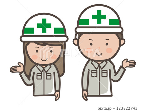 説明や案内をする男女工事作業員の上半身イラスト 123822743