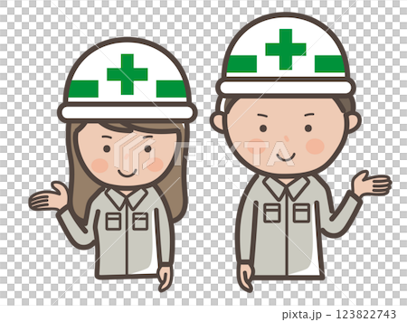 説明や案内をする男女工事作業員の上半身イラスト 123822743