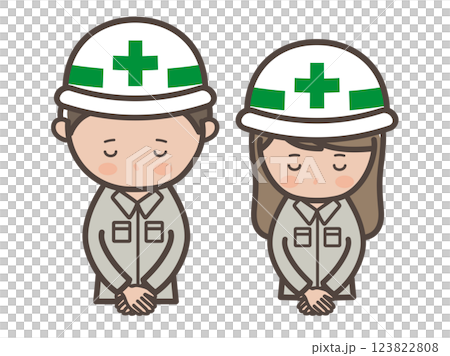 Upper body illustration of male and female construction workers bowing their heads and apologizing 123822808