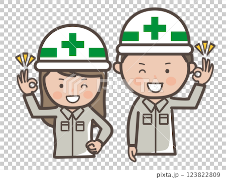 男性和女性建築工人的上身插圖,做出「OK」表示理解的手勢 男性和女性建築工人的上身插圖,做出「OK」表示理解的手勢 123822809