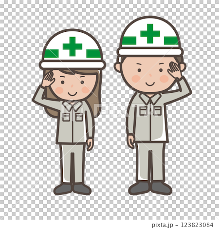 敬礼ポーズをする男女工事作業員の全身イラスト 敬礼ポーズをする男女工事作業員の全身イラスト 123823084
