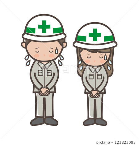 大汗をかいて謝罪する男女工事作業員の全身イラスト 123823085