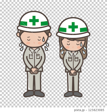 大汗をかいて謝罪する男女工事作業員の全身イラスト 123823085