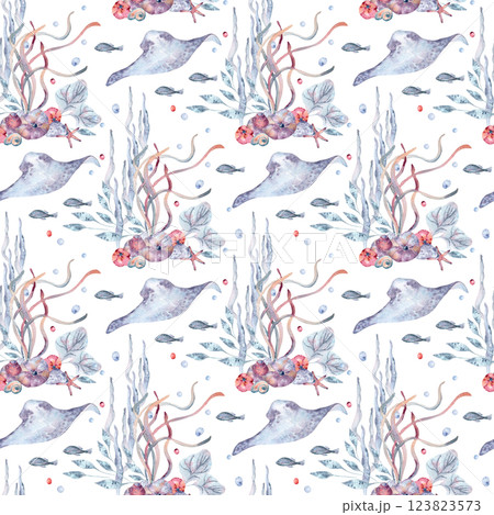 Seamless underwater pattern with fish, seaweed, and coral isolated on white. Watercolor marine life repeated background hand drawn for design fabric, wallpaper, and beach style decor, scrapbooking. Seamless underwater pattern with fish, seaweed, and coral isolated on white. Watercolor marine life repeated background hand drawn for design fabric, wallpaper, and beach style decor, scrapbooking. 123823573