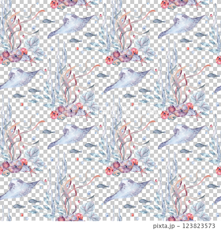 Seamless underwater pattern with fish, seaweed, and coral isolated on white. Watercolor marine life repeated background hand drawn for design fabric, wallpaper, and beach style decor, scrapbooking. Seamless underwater pattern with fish, seaweed, and coral isolated on white. Watercolor marine life repeated background hand drawn for design fabric, wallpaper, and beach style decor, scrapbooking. 123823573