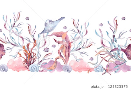 Seamless underwater border with watercolor coral and sea plants in dusty pink tones on white. Ocean flora and fish, stingray hand drawn on a soft monochrome repeated background for textiles and decor. Seamless underwater border with watercolor coral and sea plants in dusty pink tones on white. Ocean flora and fish, stingray hand drawn on a soft monochrome repeated background for textiles and decor. 123823576