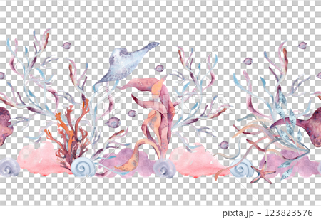 Seamless underwater border with watercolor coral and sea plants in dusty pink tones on white. Ocean flora and fish, stingray hand drawn on a soft monochrome repeated background for textiles and decor. Seamless underwater border with watercolor coral and sea plants in dusty pink tones on white. Ocean flora and fish, stingray hand drawn on a soft monochrome repeated background for textiles and decor. 123823576