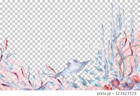 Underwater monochrome soft pink border with seaweed on watercolor splash isolated . Marine life banner with stingray and sea plants in dusty pink and blue hand drawn. Sea life corner frame for design Underwater monochrome soft pink border with seaweed on watercolor splash isolated . Marine life banner with stingray and sea plants in dusty pink and blue hand drawn. Sea life corner frame for design 123823578