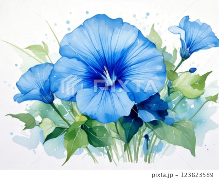 水色のアサガオの花 水彩風イラスト 123823589