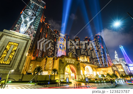 Beautiful night view of Studio City is a hotel casino resort on the Cotai Strip in Macau, China, the Hollywood studio-themed leisure resort. 123823787